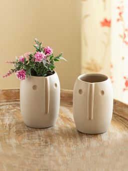 ExclusiveLane - Face Pots' Ceramic Table Planter Flower Pot (Pack of 2, Handcrafted) - Off White