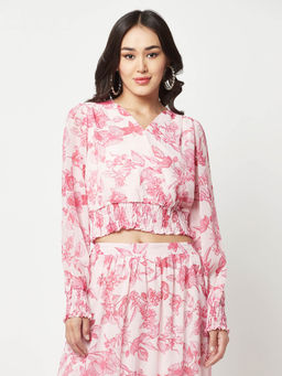 CRIMSOUNE CLUB - Women Pink Floral Wrap Crop Top