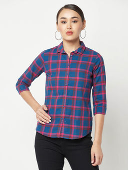 CRIMSOUNE CLUB - Women Blue Checked Shirt