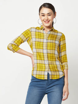 CRIMSOUNE CLUB - Women Mustard Checked Shirt