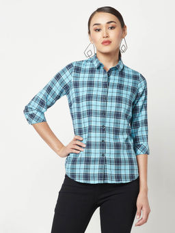 CRIMSOUNE CLUB - Women Blue Checked Shirt