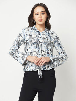 CRIMSOUNE CLUB - Women White Printed Shirt with Knot Detail