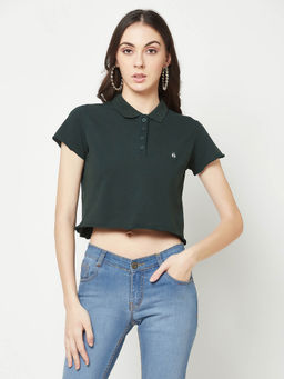 CRIMSOUNE CLUB - Women Green Cropped Cotton Polo T-shirt
