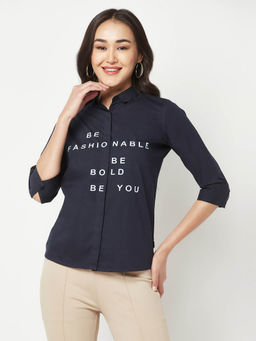 CRIMSOUNE CLUB - Women Navy Blue Typography Shirt
