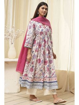 Biba - Women Multi-Color Cotton Anarkali Kurta with Palazzo and Dupatta (Set of 3)