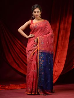 CHARUKRITI - Rouge Pink Blended Cotton Woven Buttas and Foliage Borders Saree with Unstitched Blouse