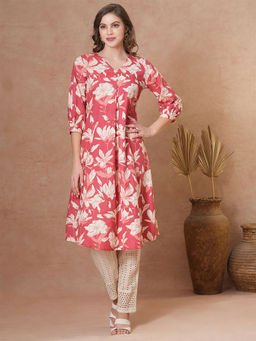 FASHOR - Coral Floral Printed A-Line Kurta