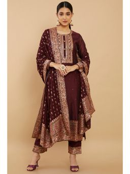Soch - Women Brown Chanderi Embroidered Suit (Set of 3)