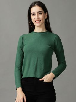 SHOWOFFFF - Womens Round Neck Fitted Solid Green Regular Top