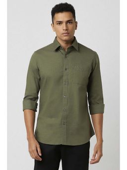 Van Heusen - Men Olive Slim Fit Textured Full Sleeves Casual Shirt
