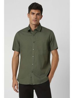 Van Heusen - Men Olive Slim Fit Solid Half Sleeves Casual Shirt