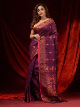 CHARUKRITI - Grape Purple Linen Handwoven Zari Woven Designs and Motifs Saree with Unstitched Blouse