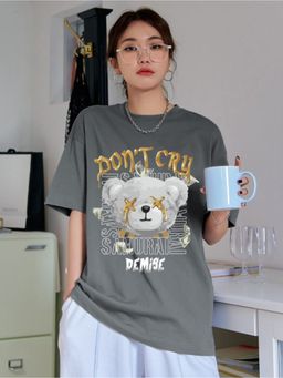 CHKOKKO - Womens Cotton Oversized Fit Half Sleeves Grey Outdoor T-Shirt