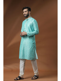 ETHNIC INDIA - Blue Embellished Embroidered Mandarin Collar Blended Straight Blue Kurta