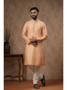 ETHNIC INDIA - Embellished Embroidered Mandarin Collar Blended Straight Orange Kurta