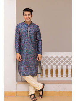 ETHNIC INDIA - Paisley Printed Mandarin Collar Blended Straight Blue Kurta