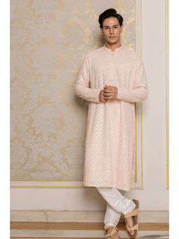 ETHNIC INDIA - Geometric Embroidered Mandarin Collar Viscose Rayon Straight Pink Kurta