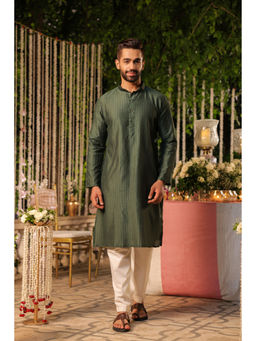 ETHNIC INDIA - Striped Mandarin Collar Green Straight Kurta