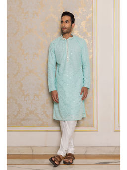 ETHNIC INDIA - Geometric Embroidered Mandarin Collar Georgette Straight Blue Kurta