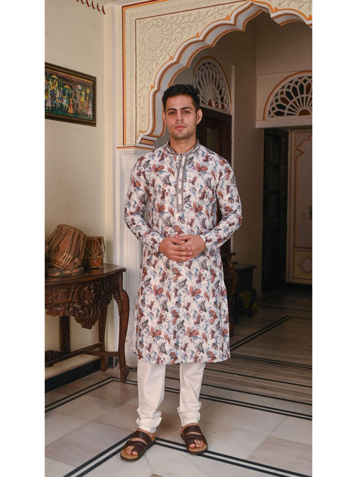 ETHNIC INDIA Floral Printed Mandarin Collar Blended Straight Multi-Color Kurta