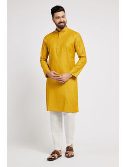 ETHNIC INDIA - Striped Embroidered Mandarin Collar Blended Straight Mustard Kurta
