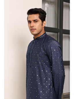 ETHNIC INDIA - Navy Blue Geometric Embroidered Mandarin Collar Blended Straight Navy Blue Kurta