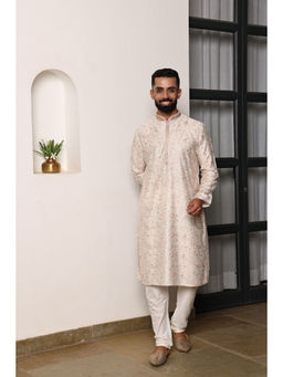ETHNIC INDIA - Woven Design Embroidered Mandarin Collar Viscose Rayon Straight Cream Kurta