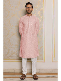 ETHNIC INDIA - Ethnic Motifs Embroidered Mandarin Collar Georgette Straight Pink Kurta