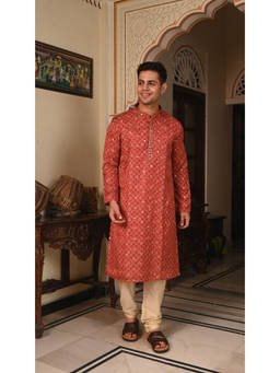 ETHNIC INDIA - Ethnic Motifs Printed Mandarin Collar Blended Straight Red Kurta