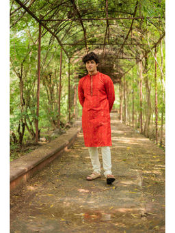 ETHNIC INDIA - Woven Design Mandarin Collar Blended Straight Red Kurta