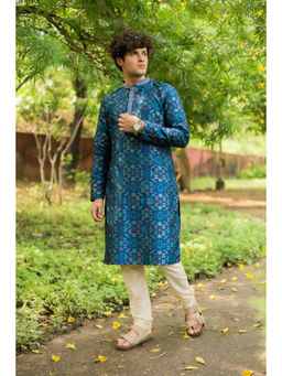 ETHNIC INDIA - Woven Design Mandarin Collar Blended Straight Blue Kurta