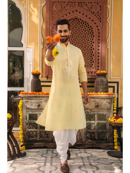 ETHNIC INDIA - Embroidered Mandarin Collar Yellow Straight Kurta