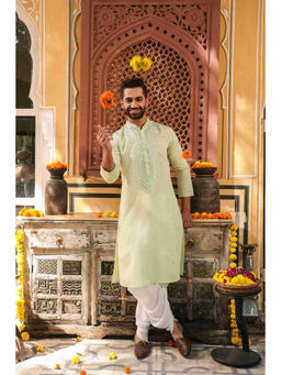 ETHNIC INDIA - Embroidered Mandarin Collar Green Straight Kurta