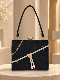 ESBEDA - Black Color Crystal Belt Top Handle Clutch with Detachable Chain (Small)