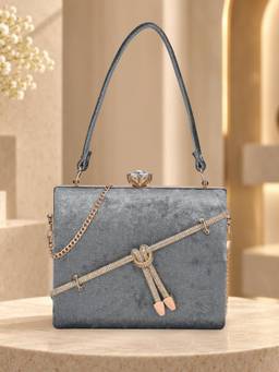 ESBEDA - Grey Color Crystal Belt Top Handle Clutch with Detachable Chain (Small)