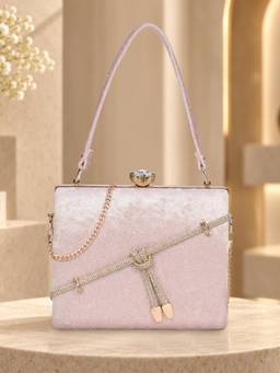 ESBEDA - Baby Pink Color Crystal Belt Top Handle Clutch with Detachable Chain (Small)