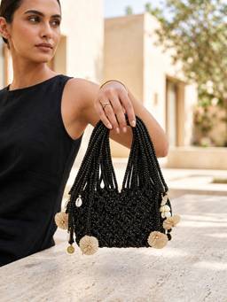 YELONA - Women Handcrafted Macrame Embellished Potli Clutch With Cord Handles - Black (Small)