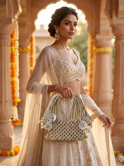 YELONA - Women Macrame Embellished Potli Clutch With Cord Handles - Light Gold And Sliver (Small)