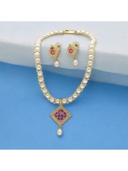 Sri Jagdamba Pearls - Red Stone Tanvi Pearl Necklace with Pair Of Earrings