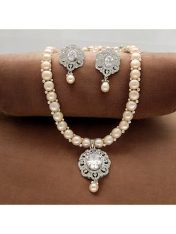 Sri Jagdamba Pearls - White Stone Luxe Luminescence Pearl Necklace with Pair Of Earrings