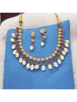 Sri Jagdamba Pearls - Red Stone Ekaaksh Pearl Necklace with Pair Of Earrings