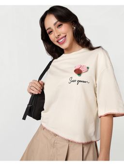 Bewakoof - Women Beige Embroidered Oversized Short Top