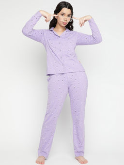 Lil Tomatoes - Girls Printed Cotton Night Suits - Purple (Set of 2)
