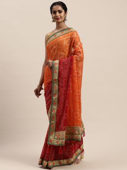 Vastranand - Orange & Red Printed Bandhani Saree with Unstitched Blouse