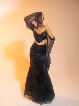 Saanjh by Lea - Netra Sapphire Embroidered Mermaid Lehenga With Blouse (Set of 2)