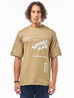 Bewakoof - Official Marvel Men's Brown Spider Man Graphic Printed Oversized T-shirt