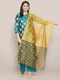 Dupatta Bazaar - Womens Mustard & Black Striped Blended Silk Dupatta