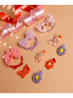 JEWELZ - Butterfly & Flower Shape Alligator Hair Clips with Bow Rubber Band (Pack Of 9)