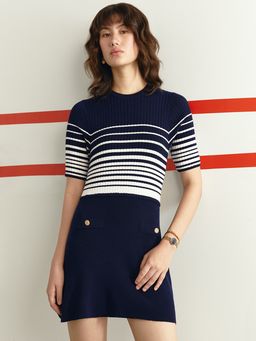 Pomelo - Knitted Stripe Mini Dress - Navy/White