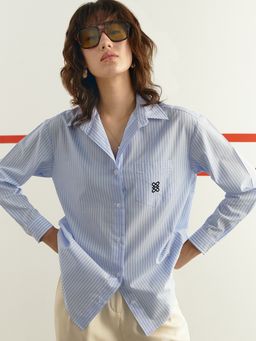 Pomelo - Collared Stripes Shirt - Light Blue